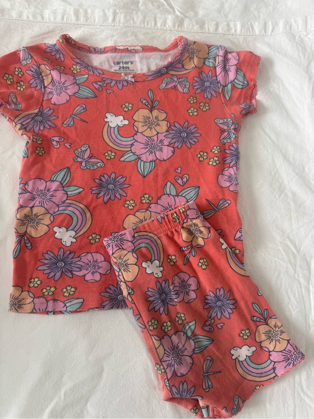 Carter's Coral Pink Rainbow & Floral Short Pajama Set